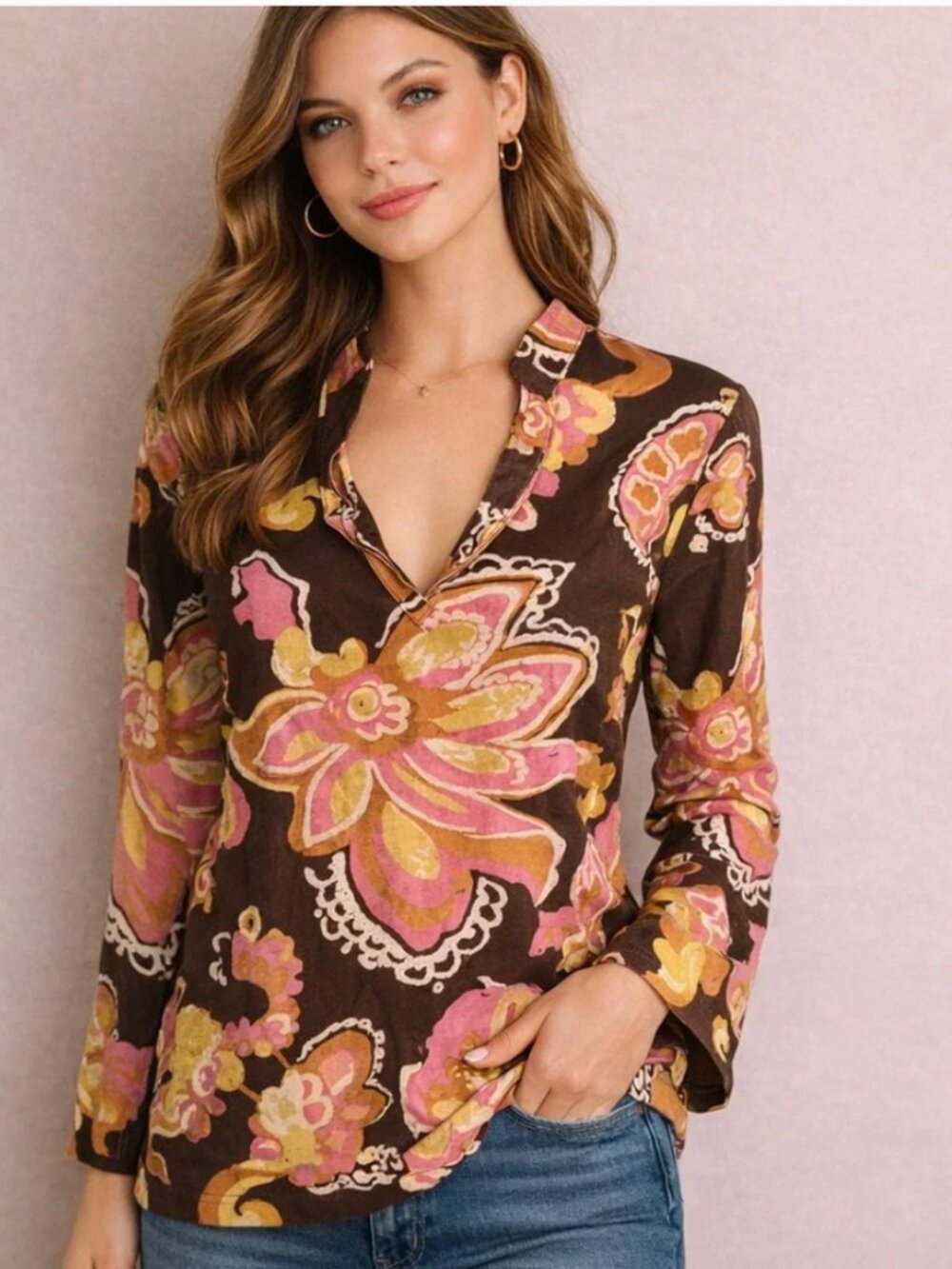 Tory Burch Tunic Top, Brown, Pink, & Yellow Floral Print with Sequins, SZ 12